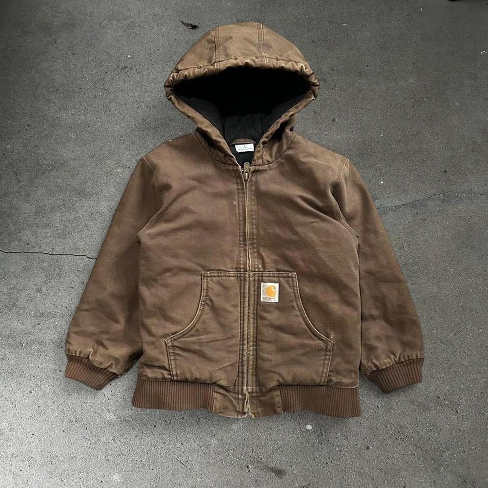 Vintage Carhartt brown youth small quilt lined hooded workwear jacket